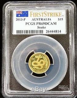 2013 P 1/10 Oz Gold Proof Lunar Snake Pf 69dcam Pcgs Australia $15 First Strike