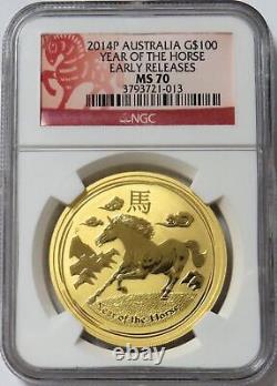 2014 GOLD AUSTRALIA $100 LUNAR YEAR OF HORSE 1oz COIN NGC MS 70 EARLY RELASES
