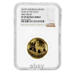 2015 1 oz Gold Lunar Year of the Goat High Relief Coin NGC PF 69 UCAM Australia