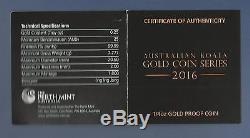 2016 Australian Koala Gold Coin. Proof. $25 Aud. 1/4 Oz. 9999 Fine. Perth