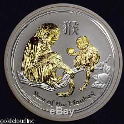 2016 Gilded Australian Monkey 2 oz Silver Coin Lunar Series II, 24k Gold Gilt