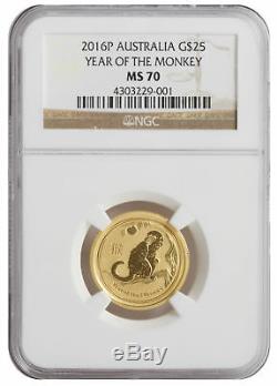 2016-P $25 1/4oz Gold Australian Year of the Monkey MS70 NGC Brown