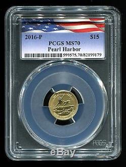 2016 P Pearl Harbor $15 1/10 Oz. 9999 75th Anniversary PCGS MS70 Gold with COA