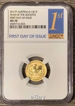 2017-P Australia G$15 Year Of The Rooster Gold Lunar Coin 1/10oz MS70 NGC FDOI
