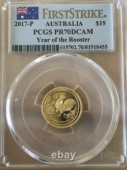 2017 P Australia Gold Lunar Rooster Proof (1/10 oz) $15 PCGS PR70 pop20
