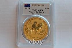 2017-P MERCANTI POP 29 FIRST STRIKE 2 Oz GOLD LUNAR YR OF ROOSTER PCGS MS 70