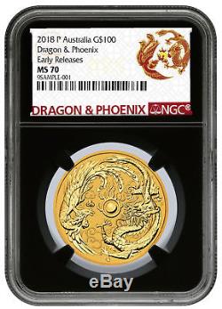 2018 Australia 1 oz Gold Dragon & Phoenix $100 NGC MS70 ER Blk PRESALE SKU50376