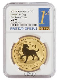 2018-P $100 1oz Gold Australian Year of the Dog MS 70 First Day of Issue NGC BU
