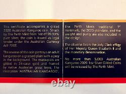 2020 P GILDED AUSTRALIAN KANGAROO. 1 oz 99.99 SILVER COIN WITH 24k GOLD GILDING