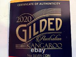 2020 P GILDED AUSTRALIAN KANGAROO. 1 oz 99.99 SILVER COIN WITH 24k GOLD GILDING