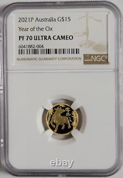 2021 $15 Australia 1/10 oz Gold Lunar Year of the Ox Proof PF70 NGC Ultra Cameo