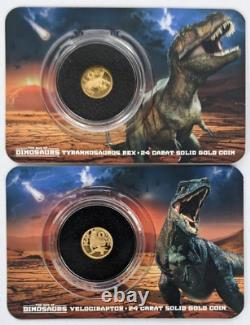 2021 Age of Dinosaurs T-Rex + Velociraptor 0.5 Gram Proof 999 Gold Coin on Cards