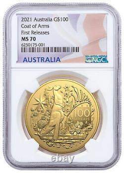2021 Australia Coat of Arms 1 oz Gold $100 Coin NGC MS70 FR Flag Label