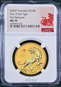 2022 Australia Bullion 1oz GOLD Lunar Year of the Tiger NGC MS70 $100 Coin FR