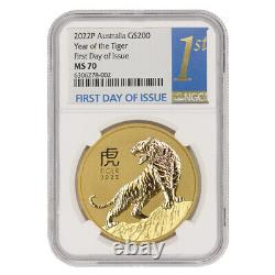 2022-P Australia 2oz Gold $200 Year of the Tiger MS70 NGC FDOI Blue Label Coin