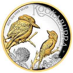 2023 2 oz Silver Australian Kookaburra High Relief Gilded Coin with Mintage 2000