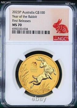 2023 Australia Bullion 1oz GOLD Lunar Year of the RABBIT NGC MS70 $100 Coin FR