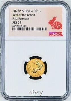 2023 Australia Bullion GOLD $15 Lunar Year of the Rabbit NGC MS69 1/10oz Coin FR