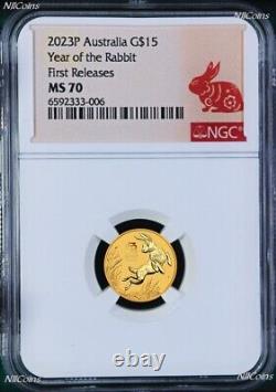 2023 Australia Bullion GOLD $15 Lunar Year of the Rabbit NGC MS70 1/10oz Coin FR