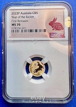 2023 Australia Bullion GOLD $5 Lunar Year of the Rabbit NGC MS70 1/20oz Coin FR