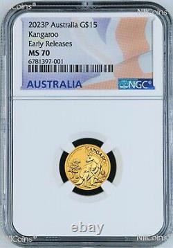 2023 P Australia Bullion. 9999 GOLD $15 Kangaroo NGC MS70 1/10oz Coin ER Flag LB