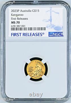 2023 P Australia Bullion. 9999 GOLD $15 Kangaroo NGC MS70 1/10oz Coin FR Blue LB