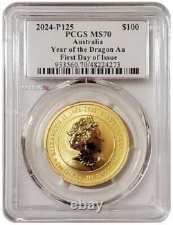 2024 1 Oz GOLD $100 Australia LUNAR YEAR OF THE DRAGON PCGS MS70 FDOI Coin
