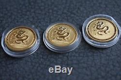 3 Coins 2000 Australia Gold Dragon Lunar Coin 1/10 Oz in Capsule 24k Pure Gold