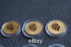 3 Coins 2000 Australia Gold Dragon Lunar Coin 1/10 Oz in Capsule 24k Pure Gold