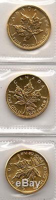 5 Coins 1/10th oz. 9999 Fine Gold, 4 Maple Leafs, 1 Australian Nugget, 24 CaratGLD