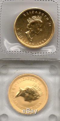 5 Coins 1/10th oz. 9999 Fine Gold, 4 Maple Leafs, 1 Australian Nugget, 24 CaratGLD