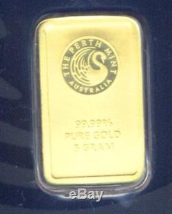 5 gram Perth Mint 99.99 Fine Gold Bar in Assay CertiCard Security Case Free Ship