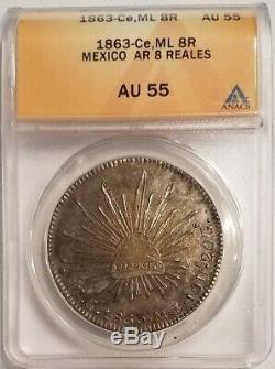 8 Reales Silver Mexico 1863 Ce-ML ANACS AU-55 KM# 377.1 Real de Catorce RRRRR