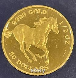 9999 Australian 2002 50 Dollar Gold Queen Elizabeth II Tuvalu Horse, 1/2 oz
