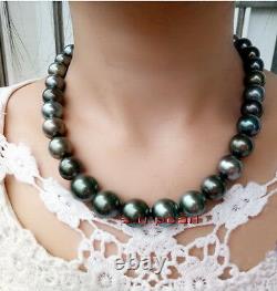 AAAAA 1712-14mm Natural REAL ROUND TAHITIAN gray black pearl necklace 14K gold