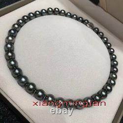 AAAAA 1810-11mm round REAL natural tahitian black pearl necklace 14K gold clasp