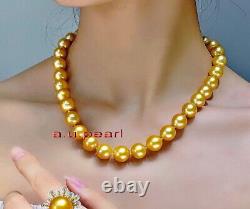 AAAAA 1811-12MM NATURAL real south sea DEEP golden pearl necklace 14K gold
