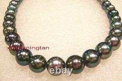 AAAAA 189-10mm round NATURAL REAL south sea black GREEN pearl necklace 14K gold