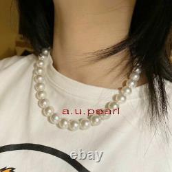 AAA 1814-12mm round REAL natural South sea WHITE pearl necklace 14K gold