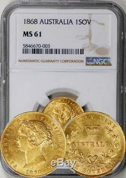 Australia 1868-SY Gold 1 Sovereign NGC MS-61 Rare in UNC! Undergraded