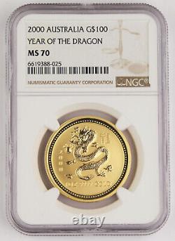 Australia 2000 1 Oz 9999 Gold $100 Year of Dragon Coin NGC Perfect MS70 Key Date