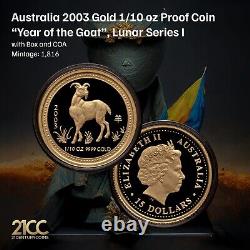 Australia 2003 Year of the Goat 1/10oz Gold Proof Coin Lunar Series I Box+COA