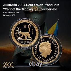 Australia 2004 Year of the Monkey 1/4oz Gold Proof Coin Lunar Series I Box+COA