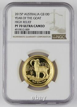 Australia 2015 P 1 Oz Gold $100 Year of Goat High Relief Proof Coin NGC PF70 UC