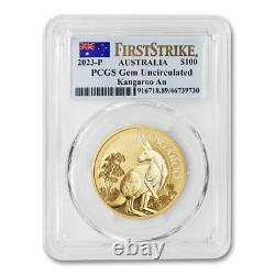 Australia 2023 1oz Gold Kangaroo PCGS GemUNC First Strike Flag label $100 coin