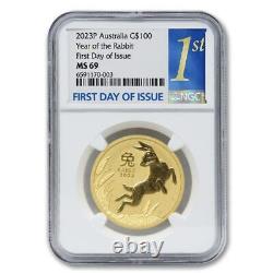 Australia 2023 1oz Gold Year of the Rabbit NGC MS69 First Day of Issue coin FDOI