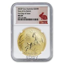Australia 2023 $200 Gold Rabbit NGC MS69 FDOI Lunar Label 2oz 24KT coin