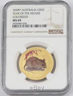Australia 50 Dollars Gold Ngc Ms 69 Lunar Year Of Mouse Color 2008