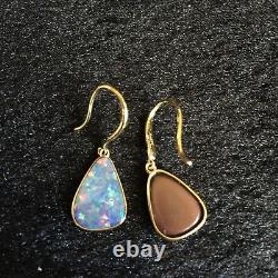 Australia Doublet Sparking Colors Opal Earrings/Dangler 9K Gold 2.41G#12