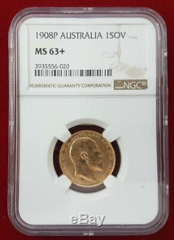 Australia Edward VII gold Sovereign 1908 P Perth NGC MS63+